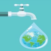 Graphic illustration of a spigot and water droplet with earth inside